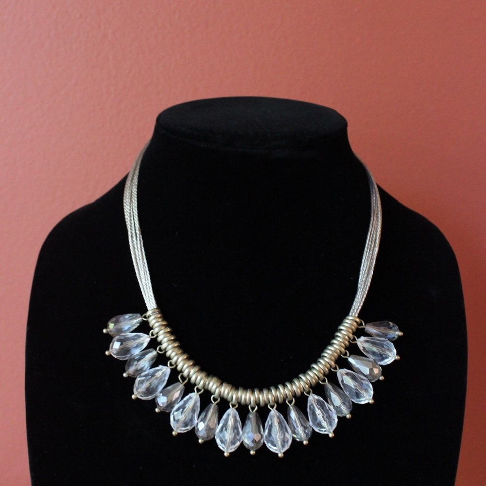 LOFT Crystal Teardrop Beaded Silver Tone Acrylic and Glass Necklace, preloved